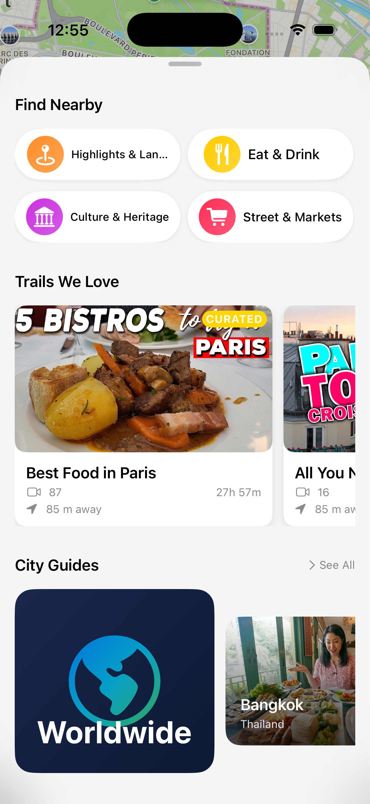 TubeTrail list view of nearby YouTube videos